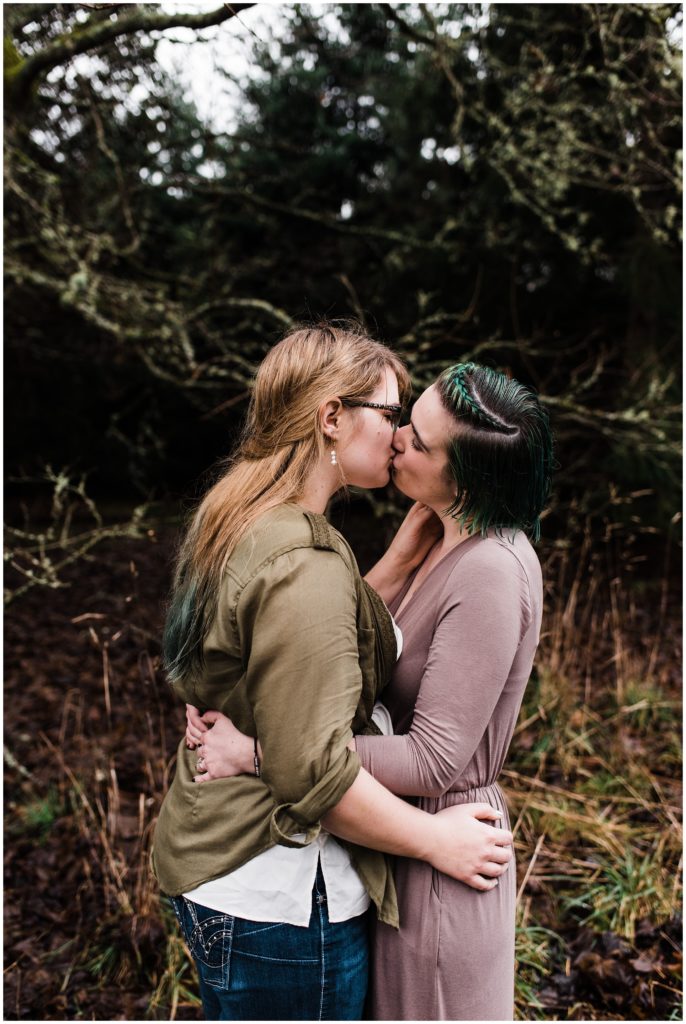 Discovery Park engagement session, LGBTQ couple embracing