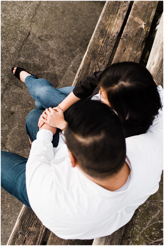 Pike Place engagement session ideas, overhead view of the couple and the engagement ring