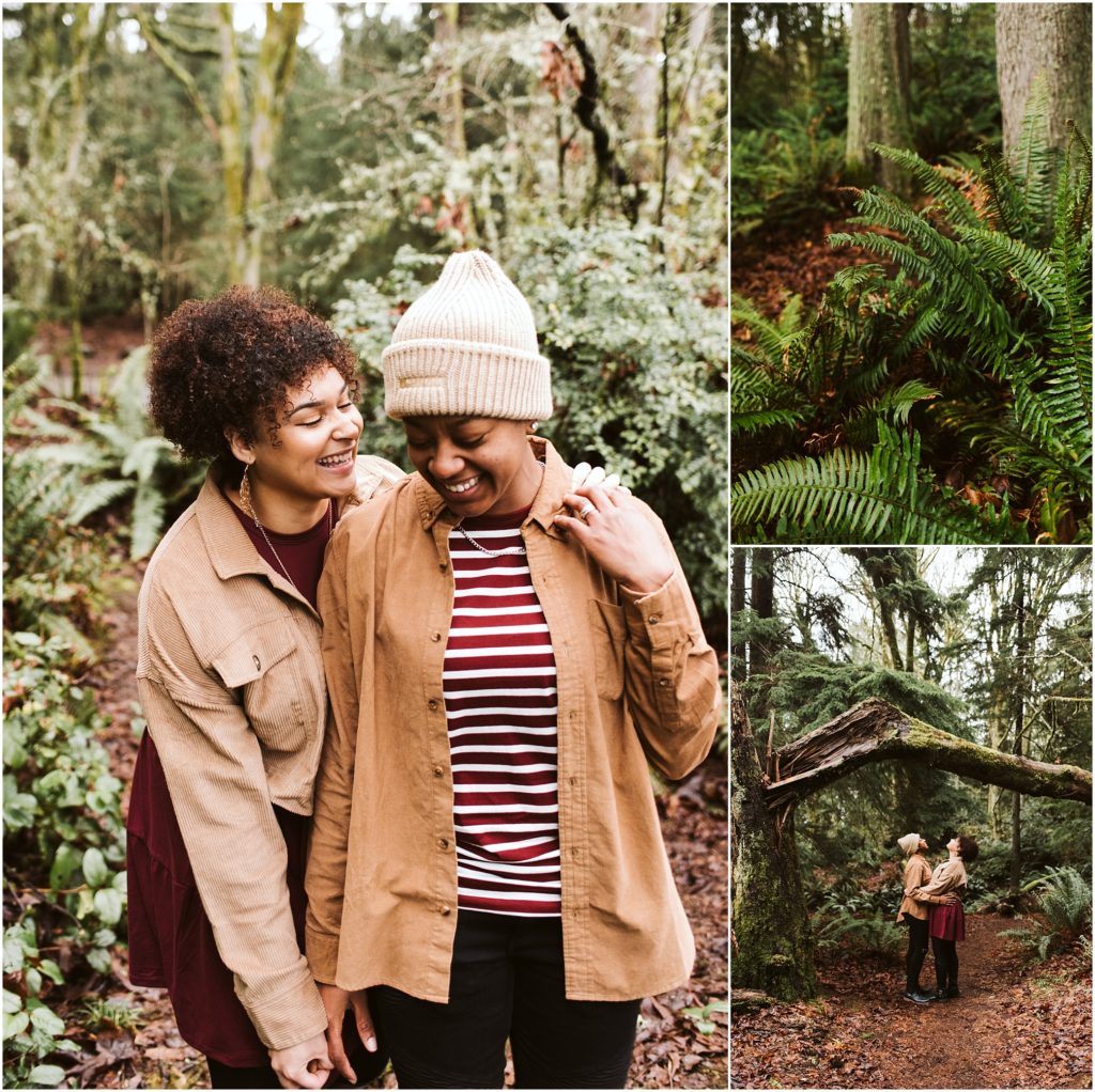 An LGBTQ+ couple embracing in the forest under a fallen tree during their Point Defiance engagement session