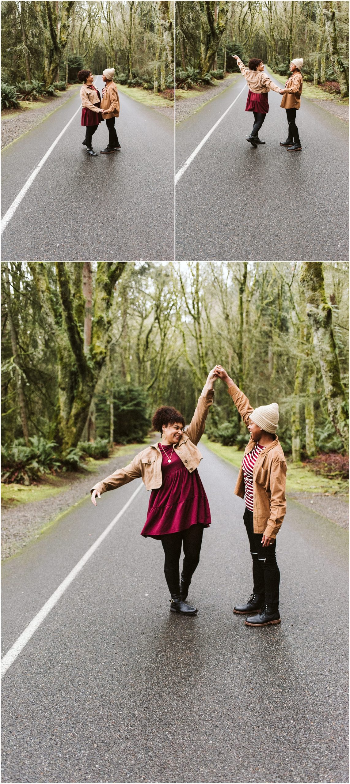 An LGBTQ+ couple dancing and twirling in the middle of the road during their Point Defiance engagement session