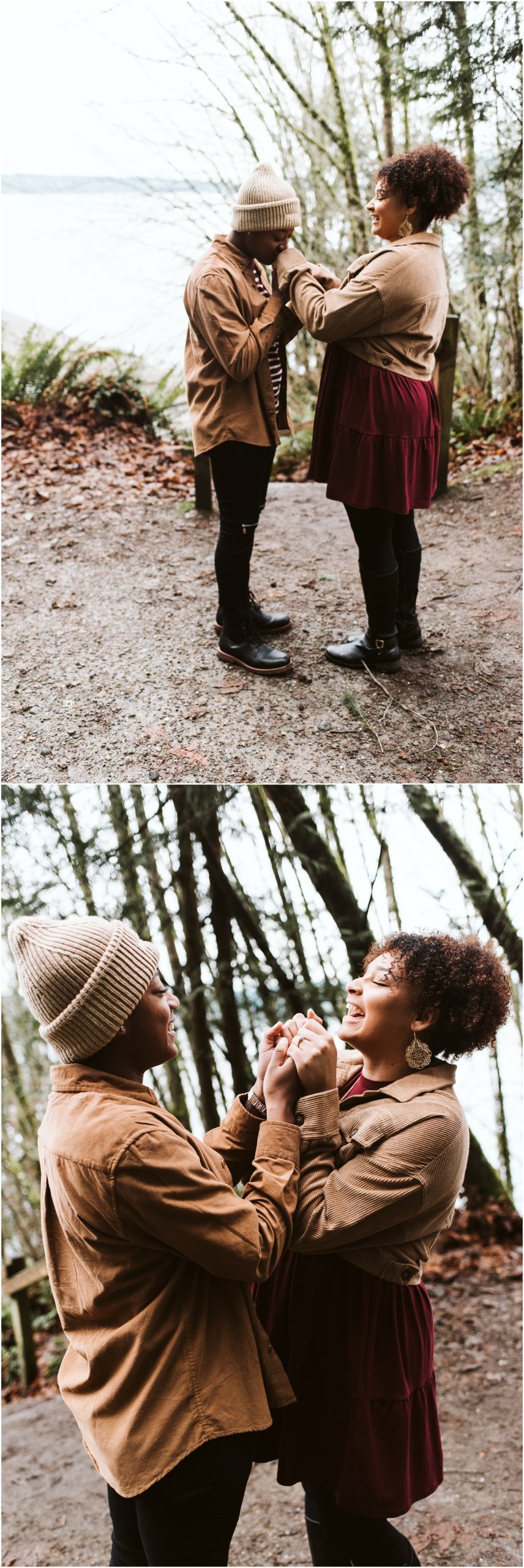 An LGBTQ+ couple kissing each other's hands during their Point Defiance engagement session