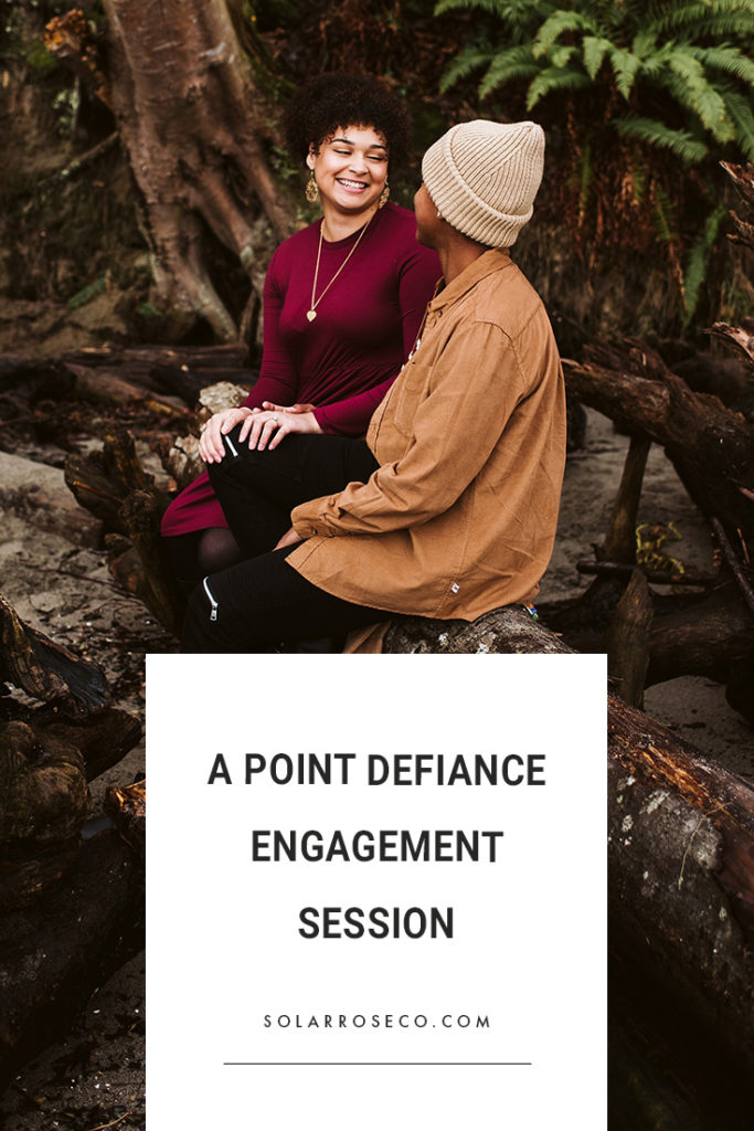 An LGBTQ+ couple sit together on a log in the forest, holding hands and smiling at each other, during their Point Defiance engagement session